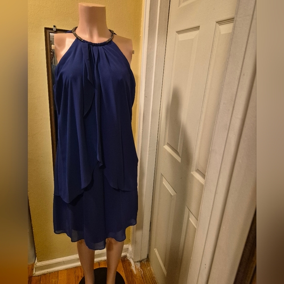 SLYN Dresses & Skirts - SLNY Women' Elegant Chiffon Layered Sleeveless Mini Iris-Blue Dress Size 12